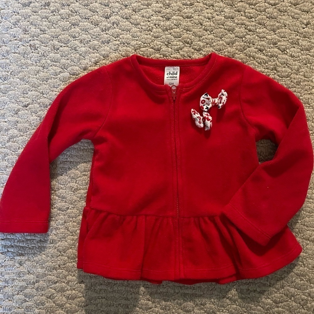 Carter’s | red fleece zip up coat with black and white bows| 12 mo
